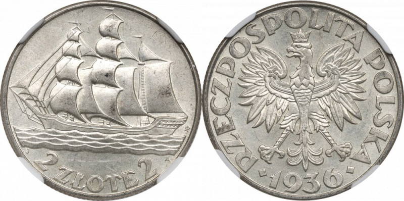 II Republic of Poland, 2 zlote 1936, Ship - NGC MS61 Piękny egzemplarz ze świetn...