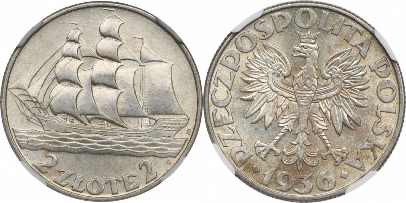 II Republic of Poland, 2 zlote 1936, Ship - NGC MS61 Piękny egzemplarz ze świetn...