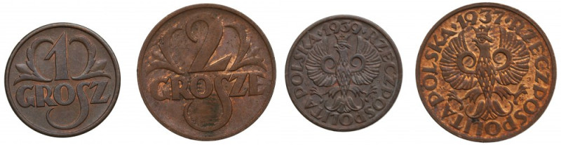 II RP, Zestaw 1 grosz 1939 i 2 grosze 1937 Bardzo ładne egzemplarze.