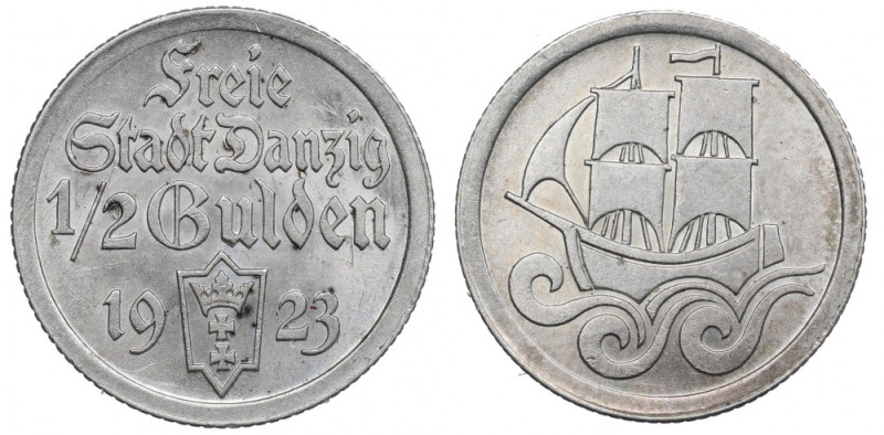 Free City of Danzig, 1/2 gulden 1923 Bardzo ładny egzemplarz. Delikatne nieśwież...