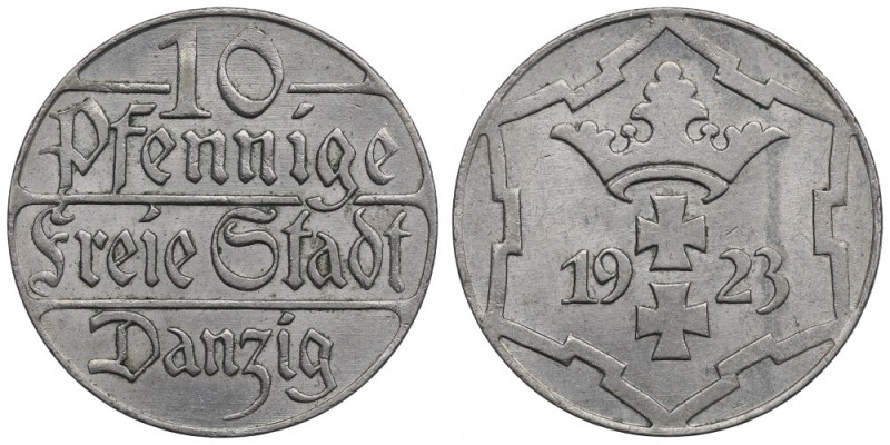 Free City of Danzig, 10 pfennig 1923 Bardzo atrakcyjny okołomenniczy egzemplarz,...