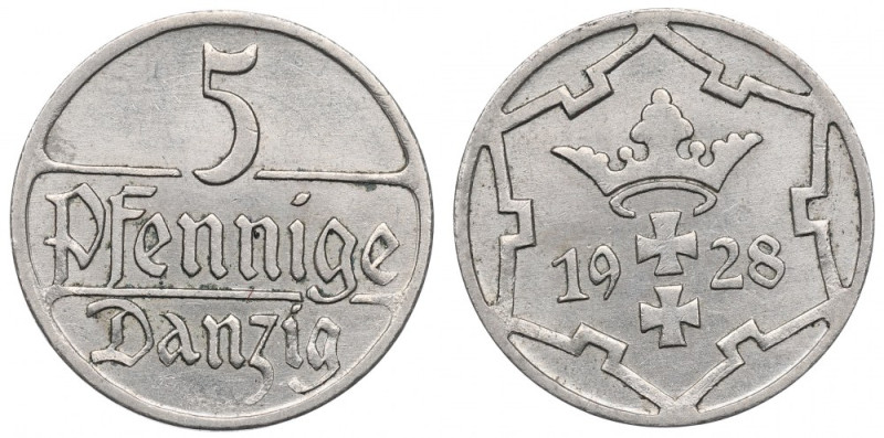 Free City of Danzig, 5 pfennig 1928 Ładnie zachowany egzemplarz feniga WMG wybit...