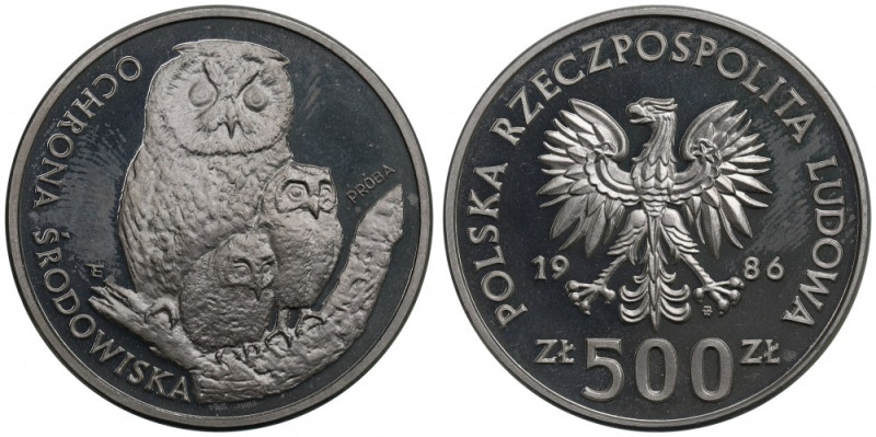 PRL, 500 złotych 1986, Sowy, Próba Nikiel Okołomenniczy egzemplarz, ślad palców....