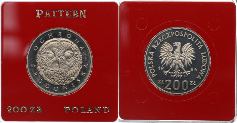 PRL, 200 złotych 1986 Sowa - Próba CuNi Menniczy egzemplarz. Patyna. 
Grade: Pr...