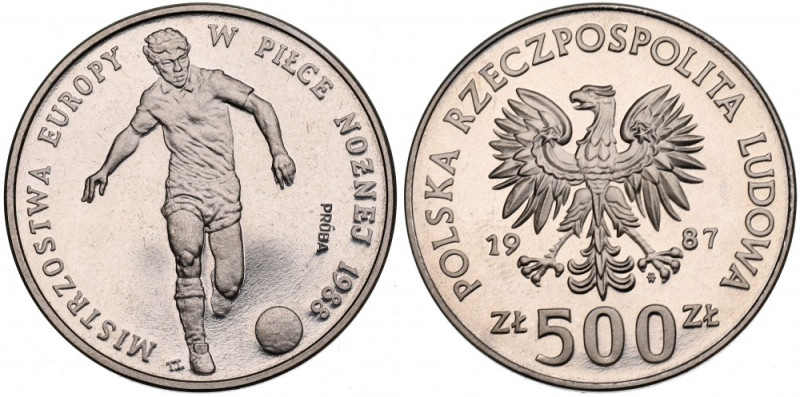 PRL, 500 złotych 1987 Mundial - Próba Nikiel Zalążki patyny. Nakład 500 szt. Ref...