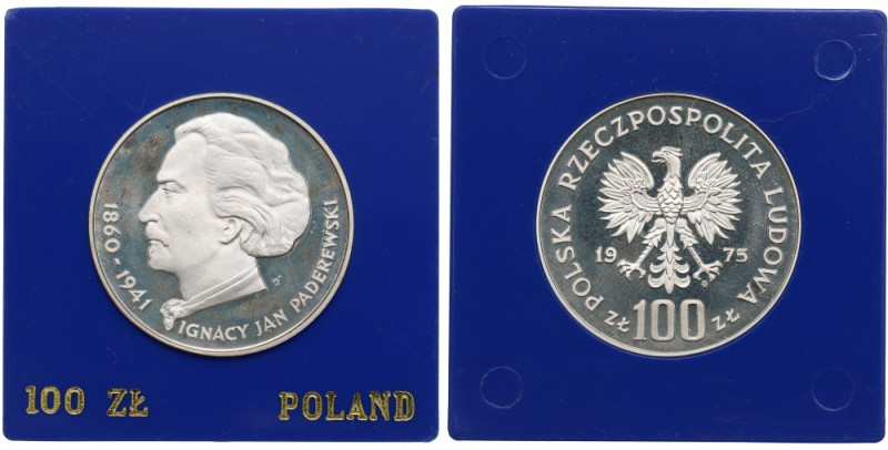 PRL, 100 złotych 1975 - Paderewski Piękny, menniczy egzemplarz. Patyna, pojedync...