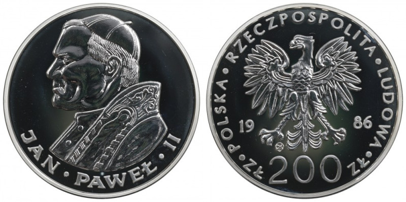 PRL, 200 złotych 1986 Jan Paweł II - Valcambi Pięknie zachowany egzemplarz. Mone...