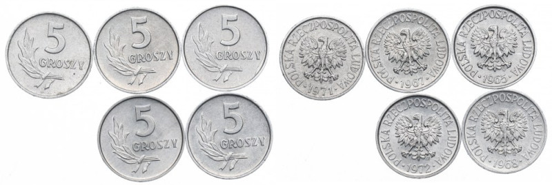 PRL, Zestaw 5 groszy 1965-72 Wyselekcjonowane egzemplarze.