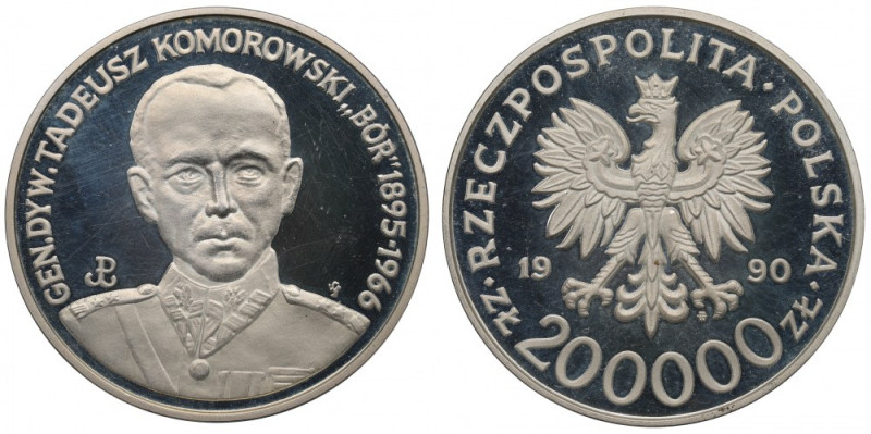 III RP, 200.000 złotych 1990 'Bór' Skazy tła, zabrudzenia. 
Grade: Proof-