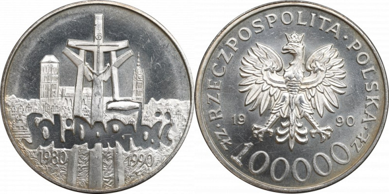 III RP, 100.000 złotych 1990 Solidarność typ A Menniczy egzemplarz. Skazy tła. ...