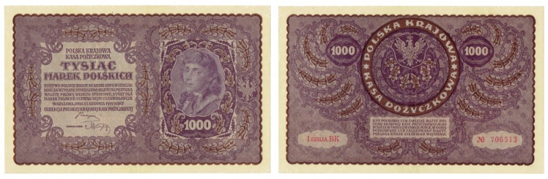 II RP, 1000 marek polskich 1919 I seria AJ Wyśmienicie zachowany banknot z paczk...