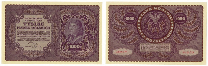 II RP, 1000 marek polskich 1919 II SERJA W Banknot z paczki bankowej o idealnej ...