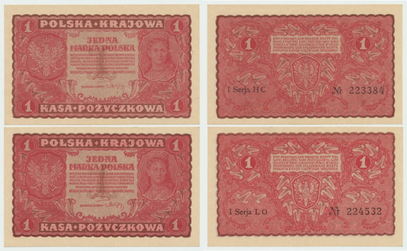 II RP, Zestaw 1 marka 1919, I Serja LO i HC - 2 szt Pięknie zachowanie banknoty ...