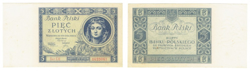 II RP, 5 złotych 1930 CU Banknot w doskonałej wizualnie kondycji,&nbsp; Ugięcia ...