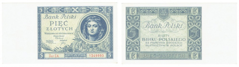 II RP, 5 złotych 1930 CU Banknot w doskonałej wizualnie kondycji,&nbsp; Ugięcia ...