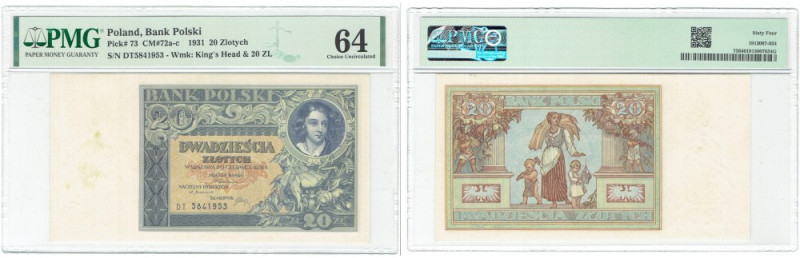 II RP, 20 złotych 1931 DT - PMG 64 Egzemplarz w pięknym stanie zachowania, o dos...