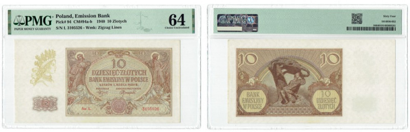 GG, 10 złotych 1940 - L - PMG 64 Banknot w emisyjnym stanie zachowania. Banknot ...