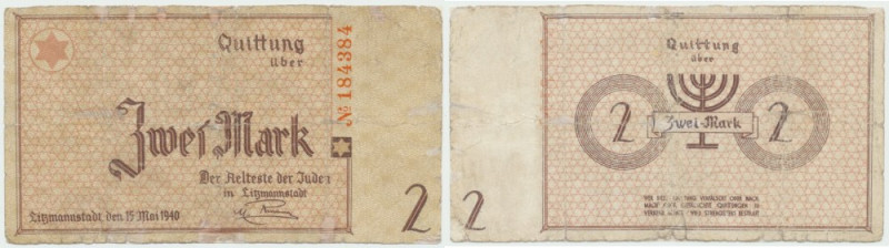 Getto w Łodzi, 2 marki 1940 Poszukiwany nominał banknotów Getta Łódzkiego, po za...