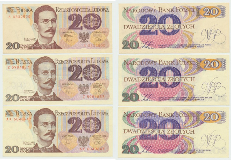 PRL, 20 złotych 1982 - zestaw 3 egzemplarze Zestaw banknotów w kondycji okołoemi...