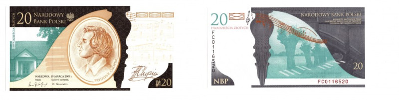 III RP, 20 złotych 2009 - Fryderyk Chopin Banknot w emisyjnym stanie zachowania ...