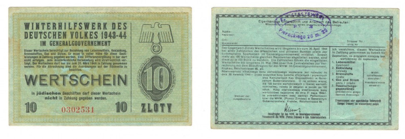 Pomoc Zimowa Ludności Niemieckiej, 10 złoty 1943-1944 Niewykorzystany, zaplamien...