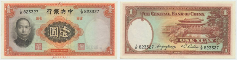 Chiny, 1 Yuan 1936 Banknot w emisyjnym stanie zachowania. Mały minus za drobne z...