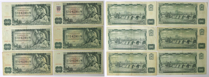 Czechoslovakia, Lot 100 koruna 1961 Zestaw 6 banknotów w kondycji obiegowej.