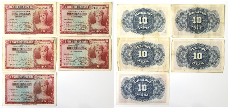 Spain, Lot of 10 pesetas 1935 Obiegowe przyjemne wizualnie banknoty.