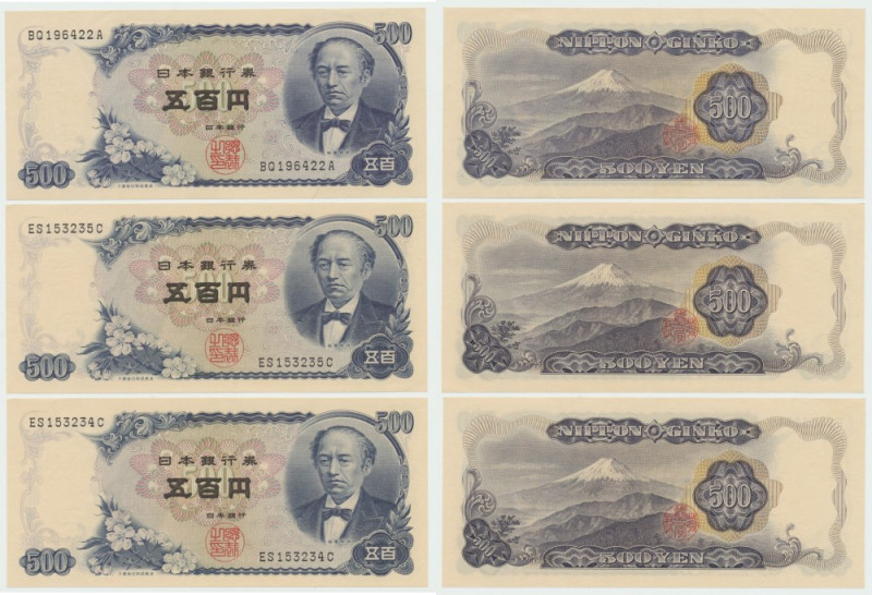 Japonia, Zestaw 3 x 500 Yen 1969 Zestaw 3 banknotów w kondycji emisyjnej, drobne...