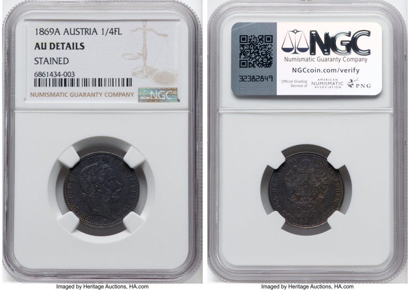 Franz Joseph I 1/4 Florin 1869-A AU Details (Stained) NGC, Vienna mint, KM2216. ...