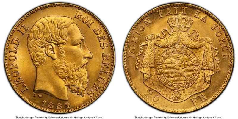 Leopold II gold 20 Francs 1882 MS66 PCGS, Brussels mint, KM37, Fr-412. Satin fie...