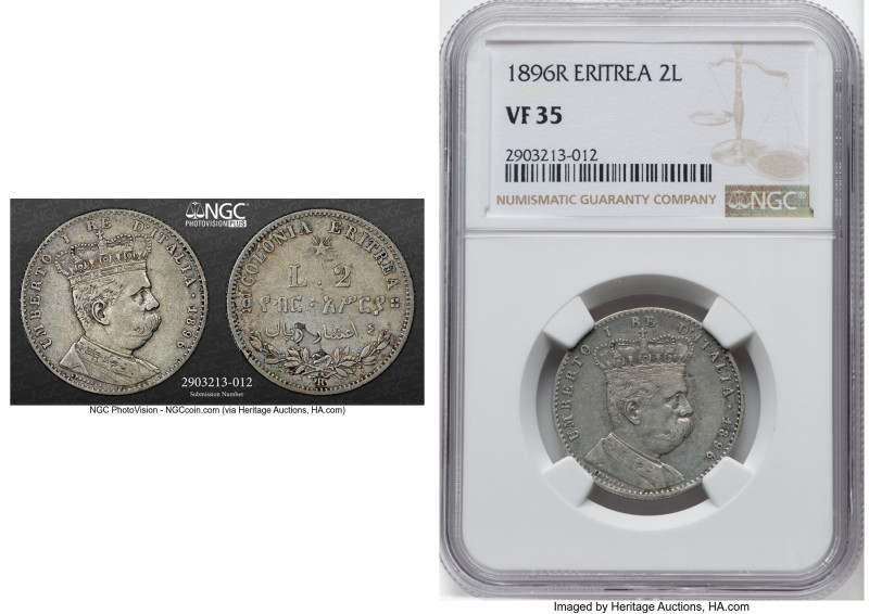 Italian Colony. Umberto I 2 Lira 1896-R VF35 NGC, Rome mint, KM3. Two-year type....