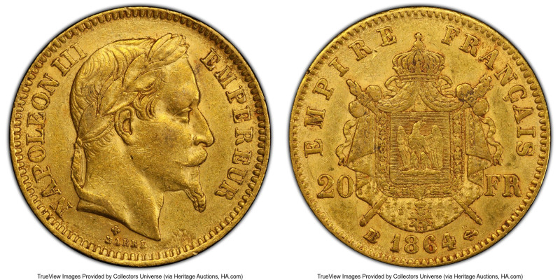 Napoleon III gold 20 Francs 1864-BB AU53 PCGS, Strasbourg mint, KM801.2, Gad-106...