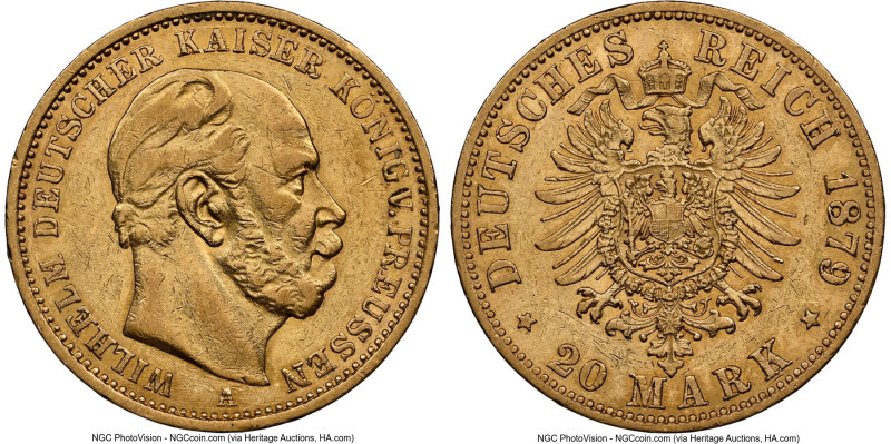 Prussia. Wilhelm I gold 20 Mark 1879-A AU53 NGC, Berlin mint, KM505, J-246. HID0...