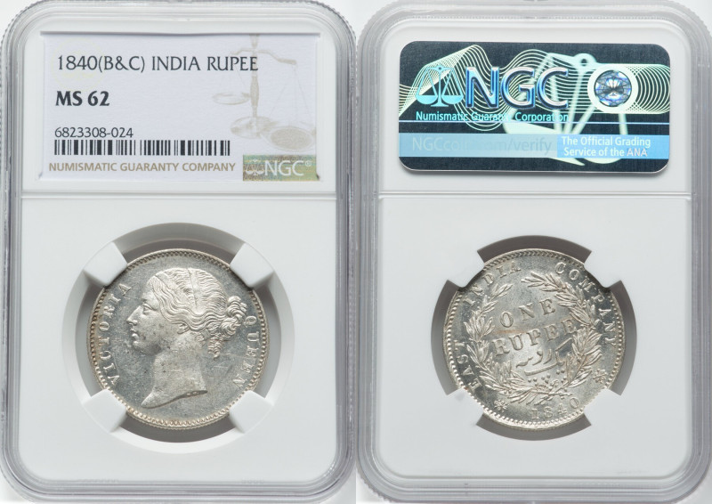 British India. Victoria Rupee 1840-(b & c) MS62 NGC, Calcutta mint, KM458. HID09...