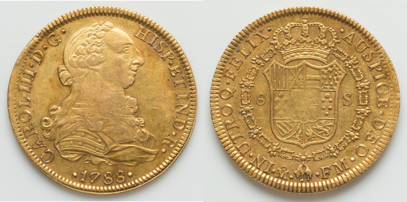 Charles III gold 8 Escudos 1788 Mo-FM AU, Mexico City mint, KM156a. 37.8mm. 26.9...