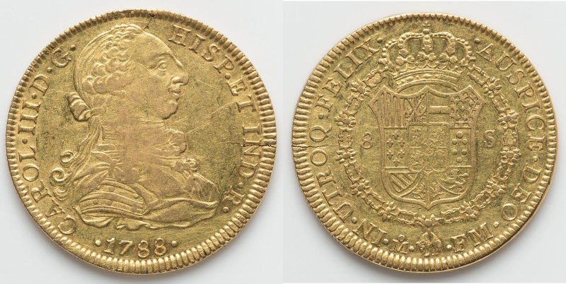 Charles III gold 8 Escudos 1788 Mo-FM XF, Mexico City mint, KM156.1a. Initial le...