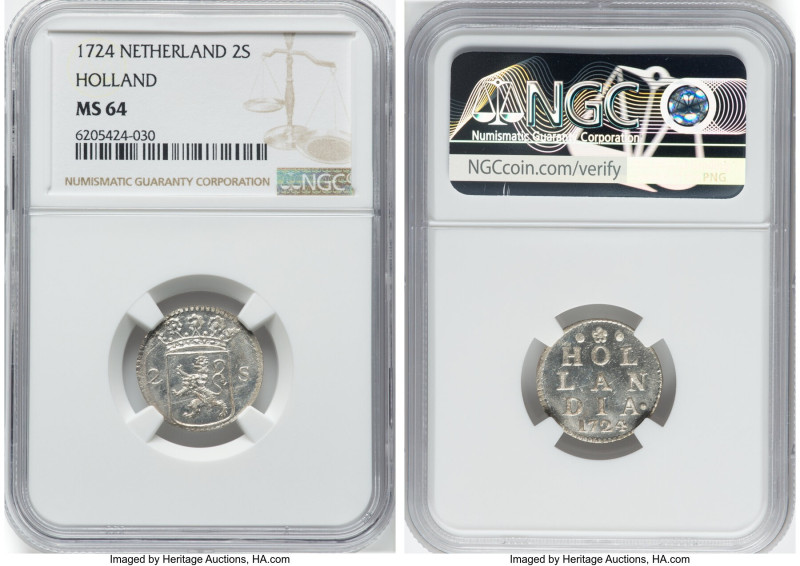 Holland. Provincial 2 Stuivers 1724 MS64 NGC, Dordrecht mint, KM48. HID098012420...