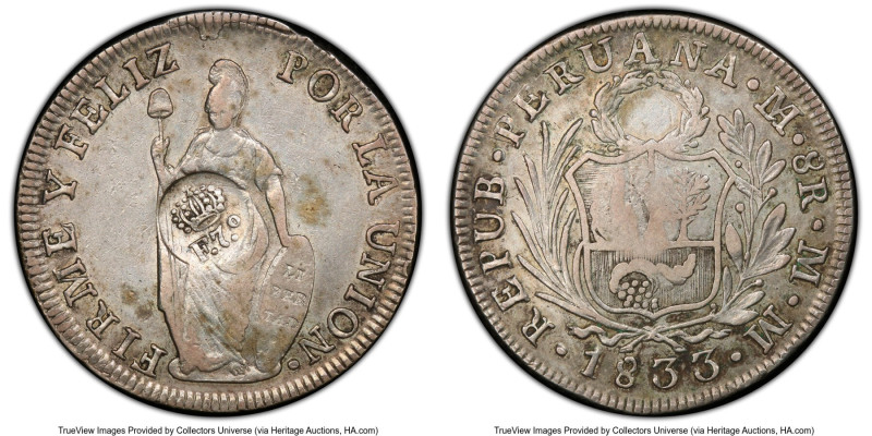 Spanish Colony. Ferdinand VII Countermarked 8 Reales ND (1832-1834) VF35 PCGS, K...