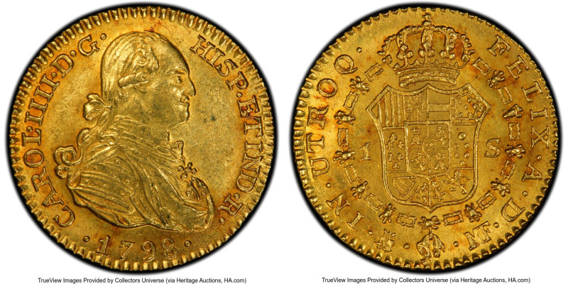 Charles IV gold Escudo 1798 M-MF MS62 PCGS, Madrid mint, KM434, Fr-298. Rich hon...