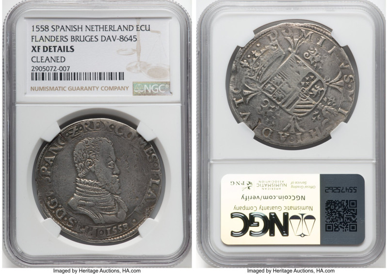 Flanders. Philip II of Spain Ecu 1558 XF Details (Cleaned) NGC, Bruges mint, Dav...