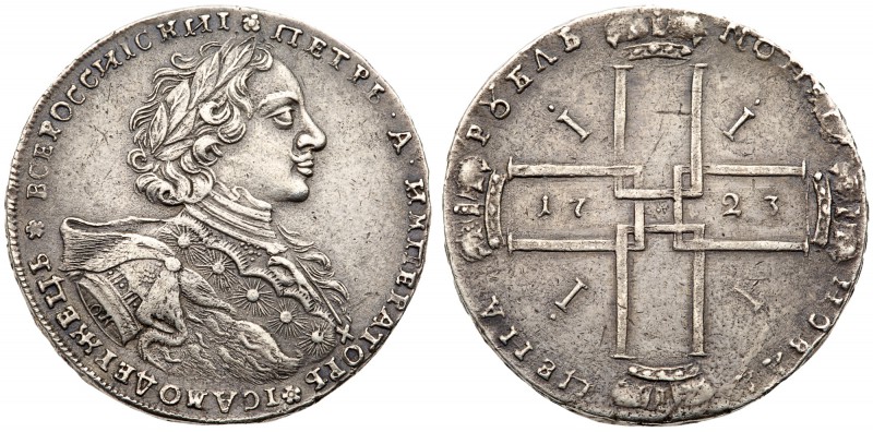 Peter I, the Great, 1689-1725
Rouble 1723 OK. 25.74 gm. Small X on chest, pelle...