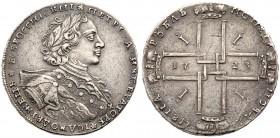 Peter I, the Great, 1689-1725
Rouble 1723 OK. 25.74 gm. Small X on chest, pellet rosettes and dots part legend. Bit 860, Diakov (2012) 1309 (R1), Dia...