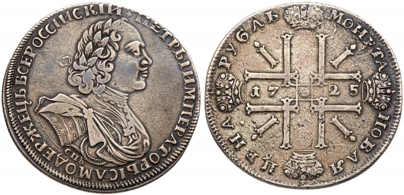 Peter I, the Great, 1689-1725
Rouble 1725 CПБ. 29.39 gm.”Sun Rouble”. Bit 1341 ...