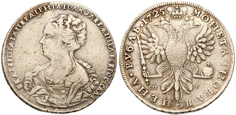 Catherine I, 1725-1727
Rouble 1725 CПБ. 29.21 gm. Mintmark on both sides, speci...