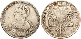 Catherine I, 1725-1727
Rouble 1725 CПБ. 29.21 gm. Mintmark on both sides, special eagle type. Bit 108 (R2), Diakov 60, Ilyin (12 Rubl.), Petrov (5 Ru...