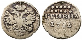 Catherine I, 1725-1727
Grivna 1726 CПБ. 2.68 gm. Bit 223 (R1), Diakov 5, Petrov (10 Rubl.), Ilyin (8-12 Rubl.). Rare type coin. Mount mark at 12:00. ...