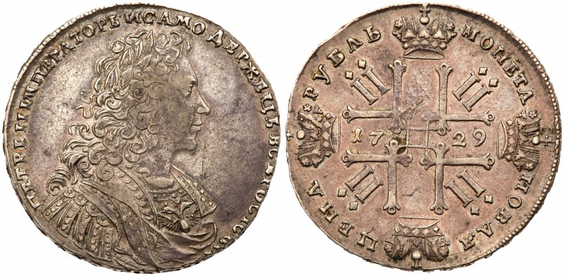 Peter II, 1727 - 1730
Rouble 1729. Portrait of ‘1728’. 27.30 gm. Bit 100, Diako...