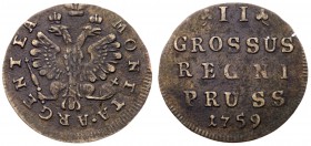 Special Coinage for East Prussia
I Groszen 1759. Königsberg I. Denomination between 3-leave clover. 1.32 gm. Bit 765 (R2), Diakov 662 (R2), Ilyin (8 ...