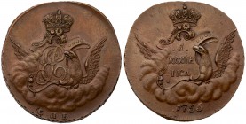 Special Coinage for East Prussia
Pattern Baroque 1 Kopeck 1755 CПБ. 19.9 gm. Edge 5. Unlisted in all references. Eagle seated right, head reverted, a...